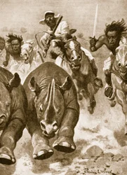 Sir Samuel Baker in voller Verfolgung eines Nashorns in Afrika